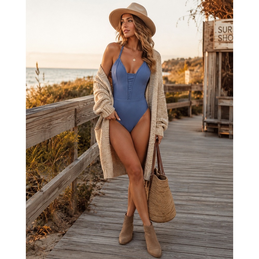 BuffBunny Swimsuit Women Small Blue Deep V Strappy Tie Back Resort One Piece